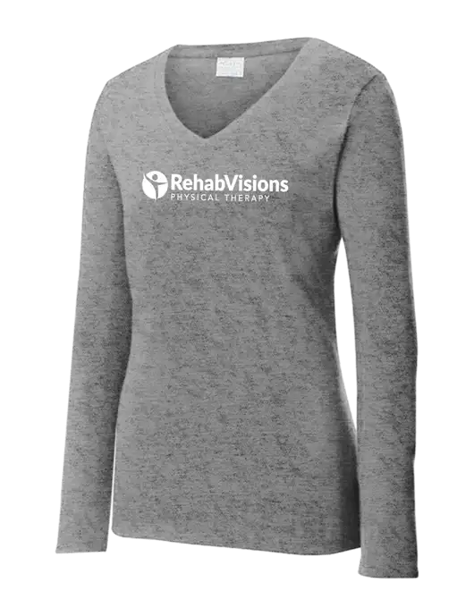 Womens  V-Neck Ring Spun Grey Heather 4.5 oz Long Sleeve T-Shirt w/RV Physical Therapy Logo