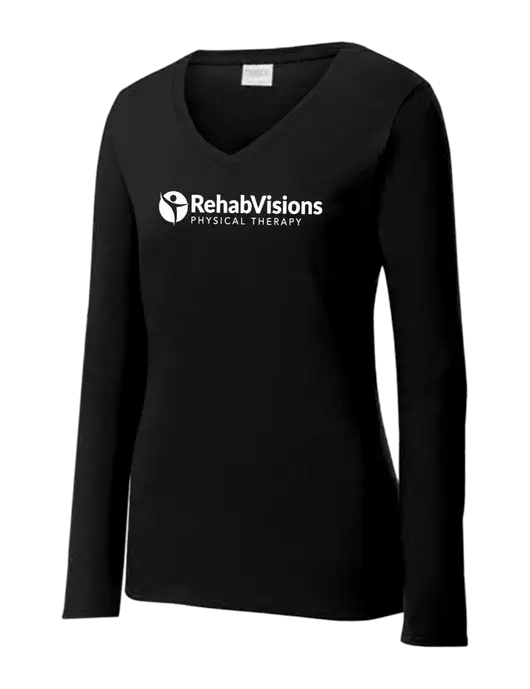 Womens V-Neck Ring Spun Jet Black 4.5 oz Long Sleeve T-Shirt w/RV Physical Therapy Logo