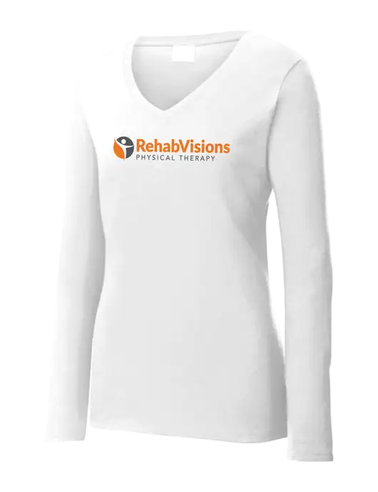 Womens  V-Neck Ring Spun White 4.5 oz Long Sleeve T-Shirt w/RV Physical Therapy Logo