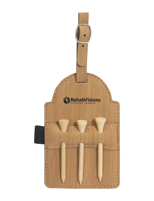 Bamboo Leatherette Golf Bag Tag with 3 Wooden Tees w/RV Physical Therapy Logo