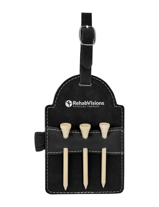 Black Leatherette Golf Bag Tag with 3 Wooden Tees w/RV Physical Therapy Logo