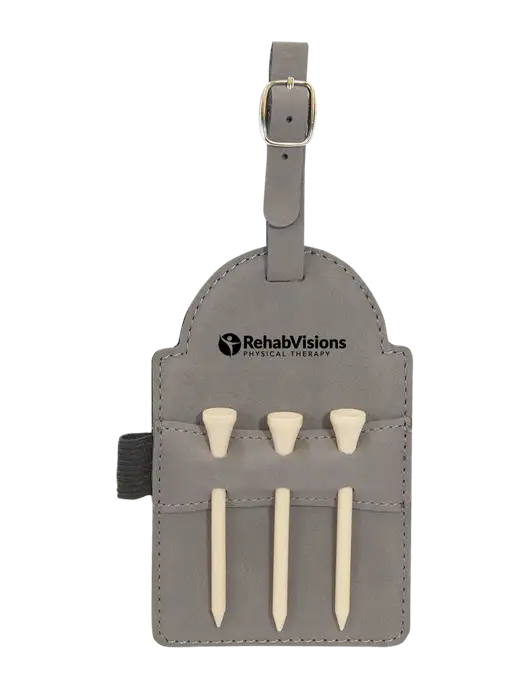 Grey Leatherette Golf Bag Tag with 3 Wooden Tees w/RV Physical Therapy Logo
