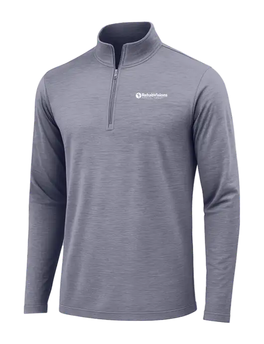 True Navy Heather Posicharge Tri-Blend Wicking 1/4 Zip Pullover w/RV Physical Therapy Logo