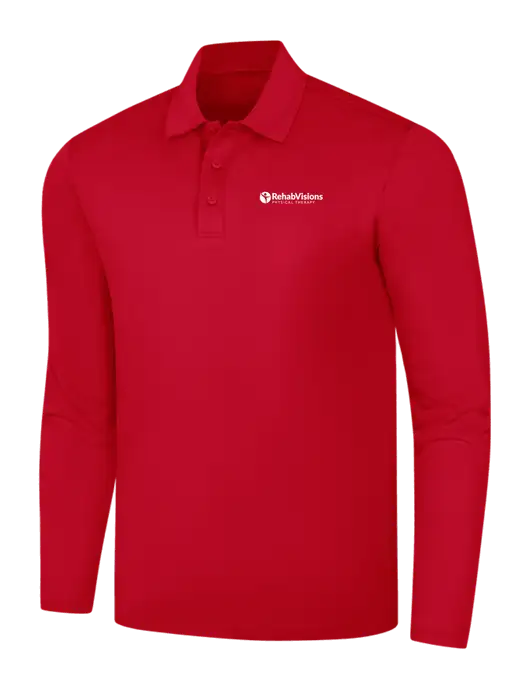 Red Silk Touch Performance Long Sleeve Polo w/RV Physical Therapy Logo