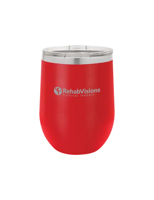 Polar Camel 12 oz Powder Coated Red Vacuum Insulated Stemless Wine Tumbler w/RV Physical Therapy Logo
