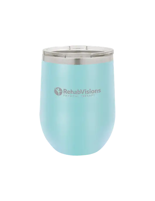 Polar Camel 12 oz Powder Coated Light Blue Vacuum Insulated Stemless Wine Tumbler w/RV Physical Therapy Logo