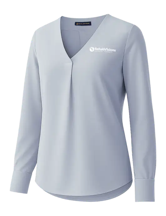 Brooks Brothers Womens Light Slate Blue Open-Neck Satin Blouse  w/RV Physical Therapy Logo