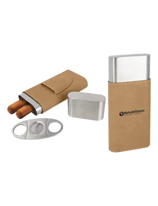 Tan Leatherette Cigar Case with Cutter w/RV Physical Therapy Logo