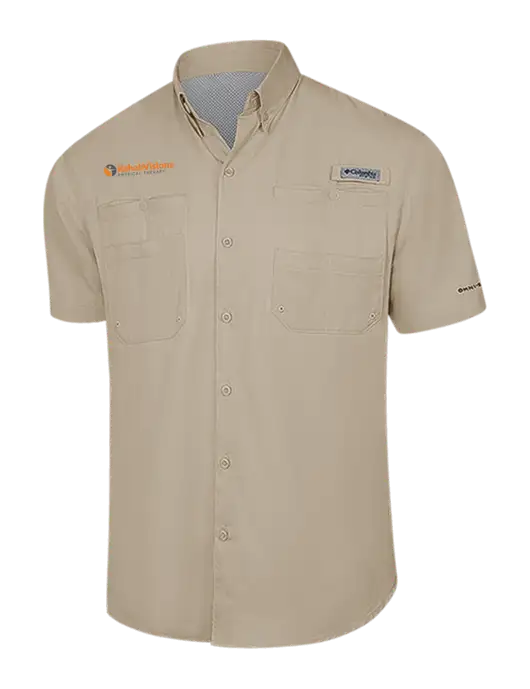 Columbia Tan PFG Tamiami II Short Sleeve Shirt w/RV Physical Therapy Logo