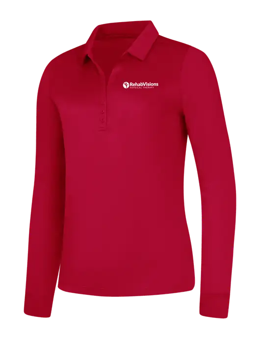 Womens Red Silk Touch Performance Long Sleeve Polo w/RV Physical Therapy Logo