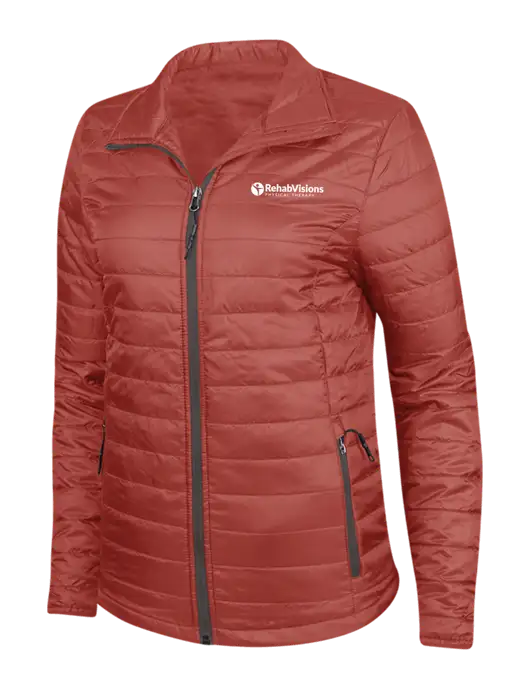 Dark Red Womens Puffy Packable Jacket w/RV Physical Therapy Logo