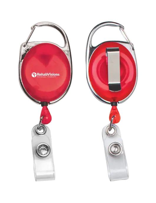 Red Carabiner Style Badge Reel and Badge Holder w/RV Physical Therapy Logo