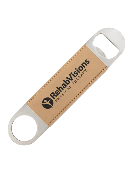 Tan Leatherette Bottle Opener w/RV Physical Therapy Logo