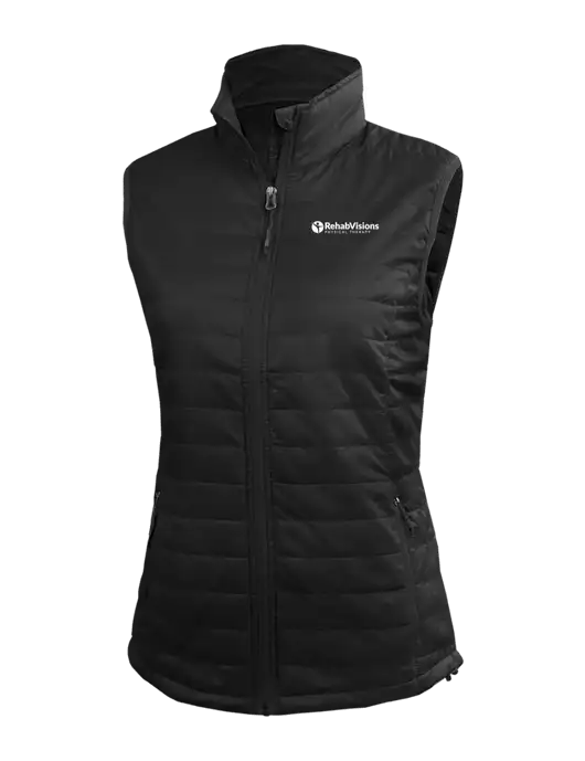 Womens Packable Black Puffy Vest w/RV Physical Therapy Logo
