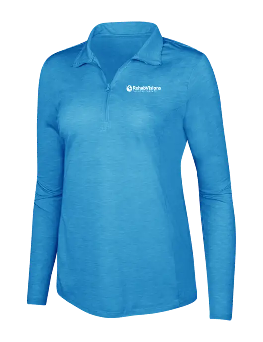 Light Blue Heather Womens Posicharge Tri-Blend Wicking 1/4 Zip Pullover w/RV Physical Therapy Logo
