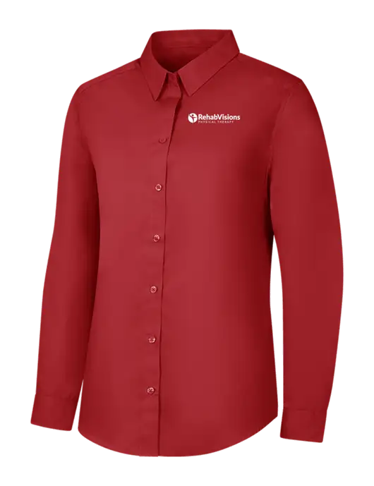 Womens Rich Red  Long Sleeve Carefree Poplin Shirt w/RV Physical Therapy Logo