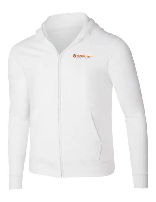 White 8.5 oz Ring Spun Zip Hooded Sweatshirt w/RV Physical Therapy Logo