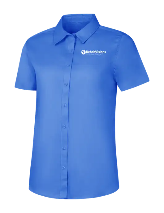 Womens Dark Carolina Blue Short Sleeve Superpro React Twill Shirt w/RV Physical Therapy Logo