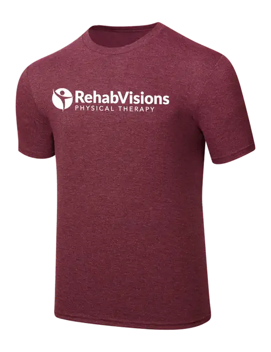 Simply Soft Maroon Frost 4.5oz  Poly/Combed Ring Spun Cotton T-Shirt w/RV Physical Therapy Logo