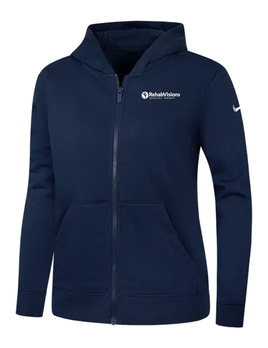 Nike Womens Club Fleece Sleeve Swoosh Full-Zip Dark Navy Hoodie w/RV Physical Therapy Logo