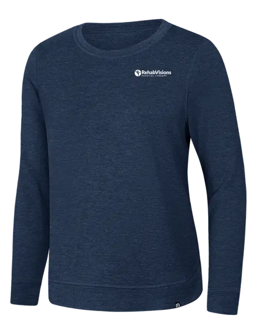 TravisMathew Womens Dark Slate Blue Heather Lightweight Long Weekend Crew w/RV Physical Therapy Logo