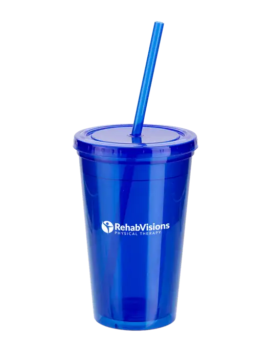 Sorrento Blue 16 oz Tumbler with Lid & Straw w/RV Physical Therapy Logo