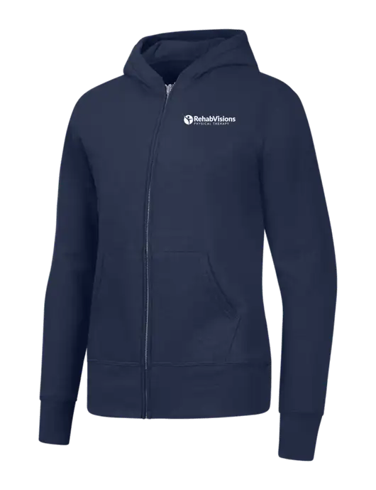 Navy Womens Core Fleece Full-Zip Hooded Sweatshirt w/RV Physical Therapy Logo