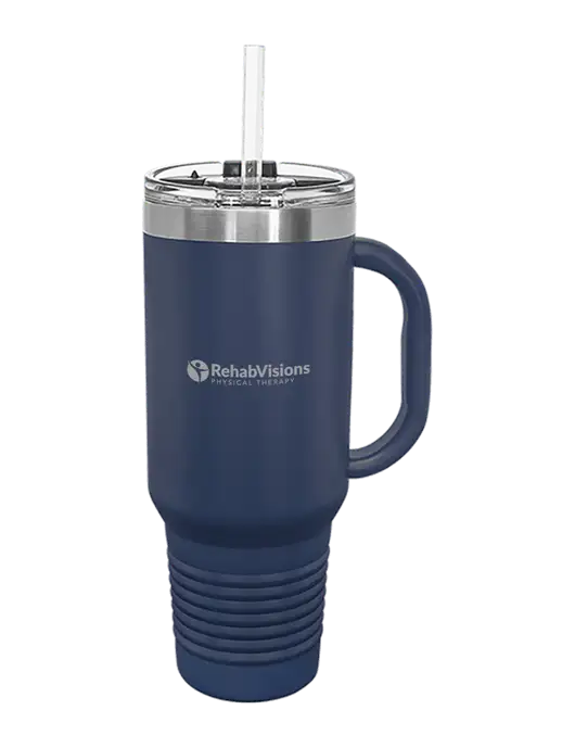 Polar Camel 40 oz. Powder Coated Vacuum Insulated Navy Travel Mug with Straw w/RV Physical Therapy Logo