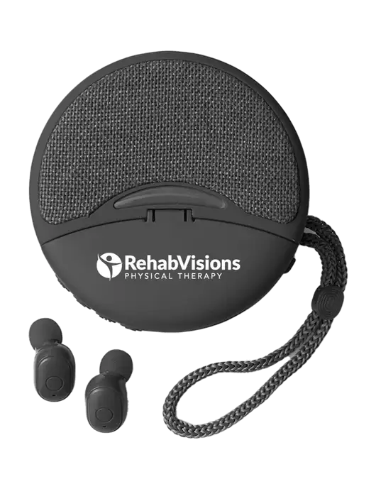 Duo Black Wireless Earbuds & Speaker w/RV Physical Therapy Logo