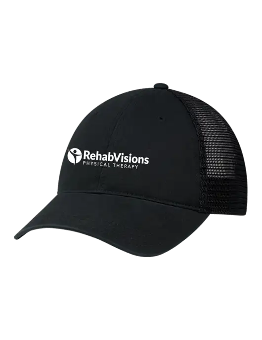 Richardson 111 Garment Washed Trucker Cap Black w/Black Mesh w/RV Physical Therapy Logo