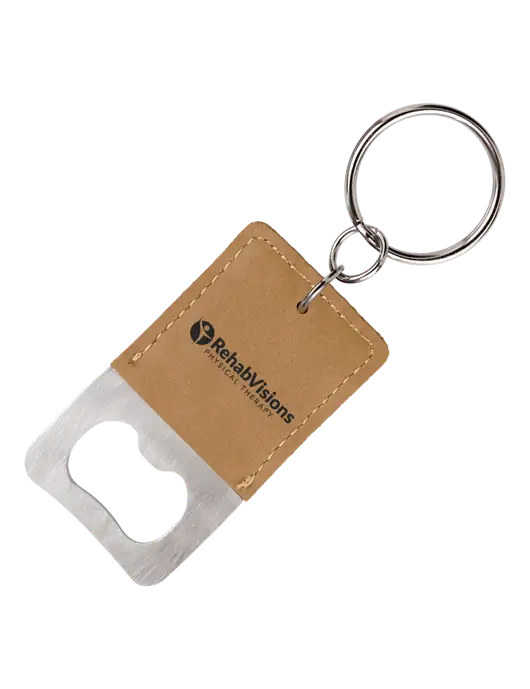 Tan Leatherette Rectangle Bottle Opener Keychain w/RV Physical Therapy Logo