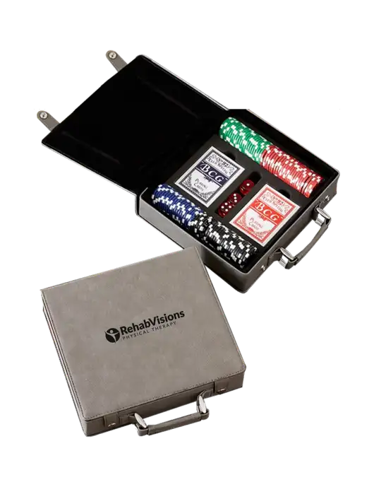 Grey Leatherette 100 Chip Poker Set w/RV Physical Therapy Logo