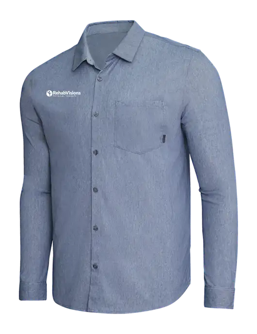 OGIO Slate Blue Heather Extend Long Sleeve Button Up Shirt w/RV Physical Therapy Logo