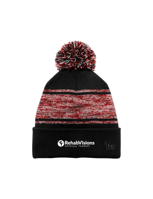 New Era Black/Red Knit Chilled Pom Beanie w/RV Physical Therapy Logo