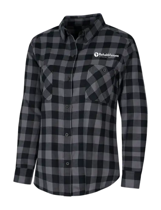 Womens Medium Grey/Black Buffalo Check Plaid Flannel Shirt w/RV Physical Therapy Logo