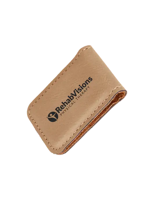 Tan Leatherette Money Clip w/RV Physical Therapy Logo
