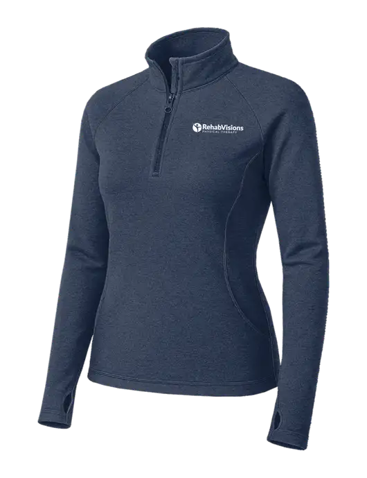 Navy Heather Womens Sport Wick Stretch 1/4 Zip Pullover w/RV Physical Therapy Logo