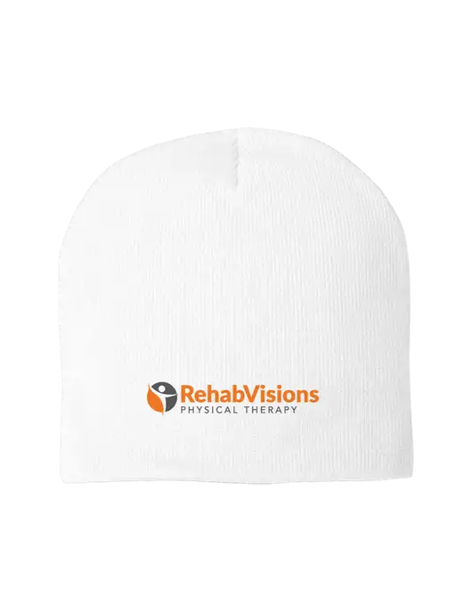 Solid White Element Knit Beanie w/RV Physical Therapy Logo