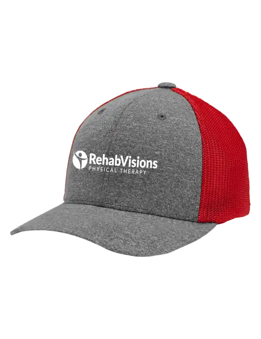 Flexfit Red/Medium Grey Heather Melange Mesh Back Trucker Cap w/RV Physical Therapy Logo