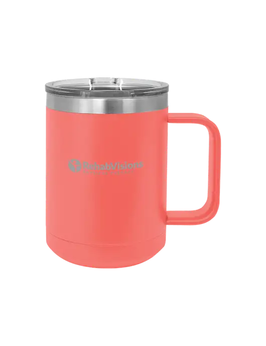 Polar Camel 15 oz Powder Coated Coral Vacuum Insulated Mug with Slider Lid w/RV Physical Therapy Logo