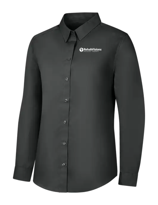 Womens Dark Grey Long Sleeve Carefree Poplin Shirt w/RV Physical Therapy Logo