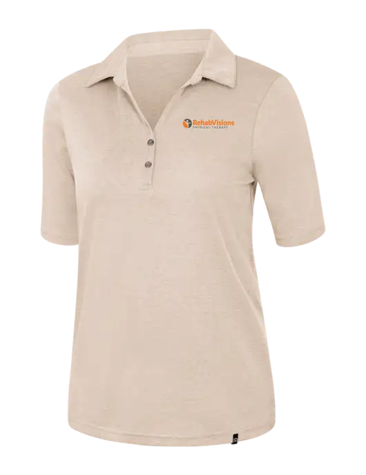 TravisMathew Womens Light Tan Heather Sunsetters Polo w/RV Physical Therapy Logo