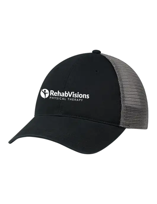 Richardson 111 Garment Washed Trucker Cap Black w/Charcoal Mesh w/RV Physical Therapy Logo