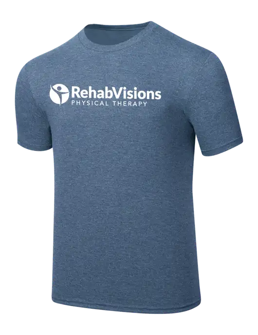 Simply Soft Light Slate Blue Heathered 4.5oz  Poly/Combed Ring Spun Cotton T-Shirt w/RV Physical Therapy Logo