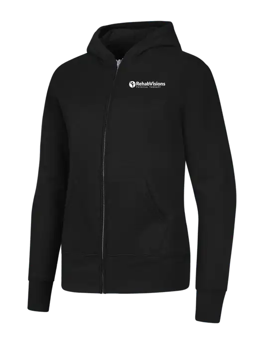 Jet Black Womens Core Fleece Full-Zip Hooded Sweatshirt w/RV Physical Therapy Logo
