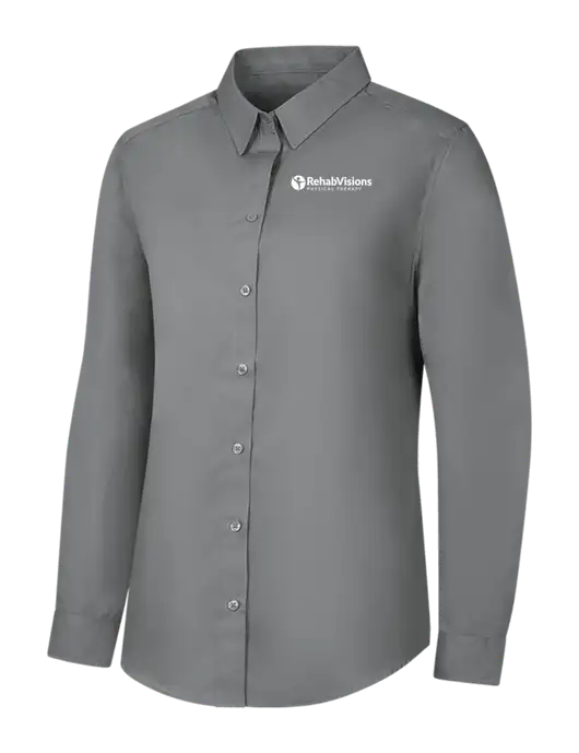 Womens Medium Grey Long Sleeve Carefree Poplin Shirt w/RV Physical Therapy Logo