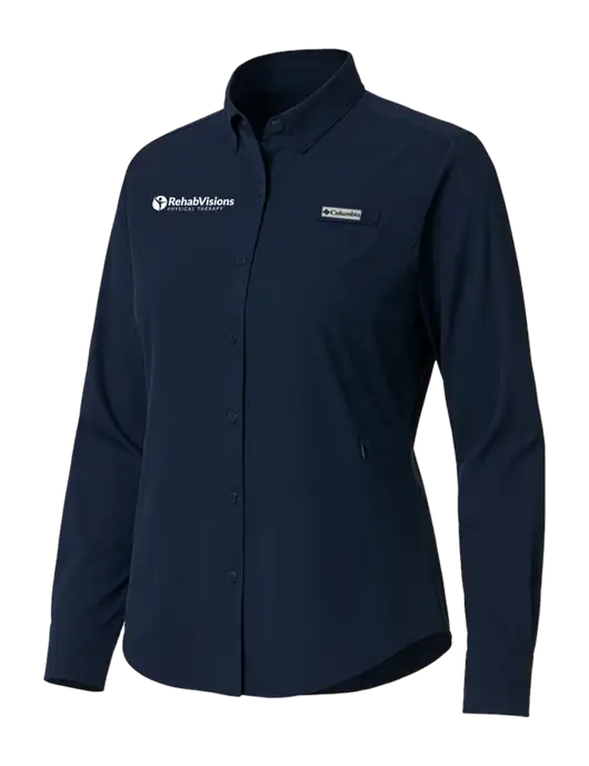 Columbia Navy Womens PFG Tamiami II Long Sleeve Shirt w/RV Physical Therapy Logo