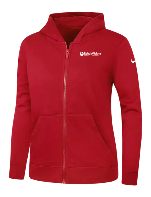 Nike Womens Club Fleece Sleeve Swoosh Full-Zip Red Hoodie w/RV Physical Therapy Logo