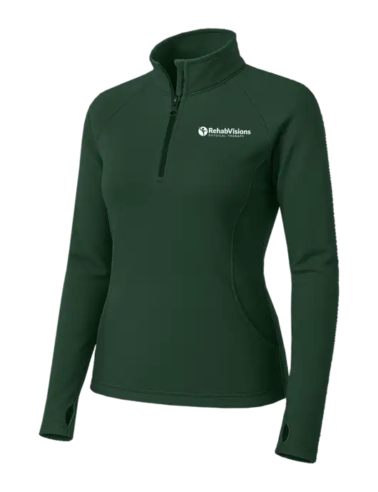 Dark Green Womens Sport Wick Stretch 1/4 Zip Pullover w/RV Physical Therapy Logo