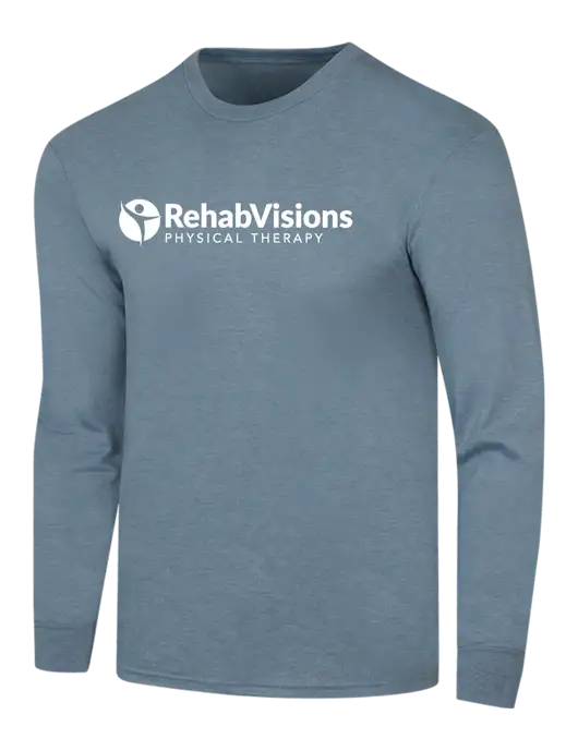 Simply Soft Long Sleeve Slate Blue Heather 4.5 oz, Poly/Combed Ring Spun Cotton T-Shirt w/RV Physical Therapy Logo